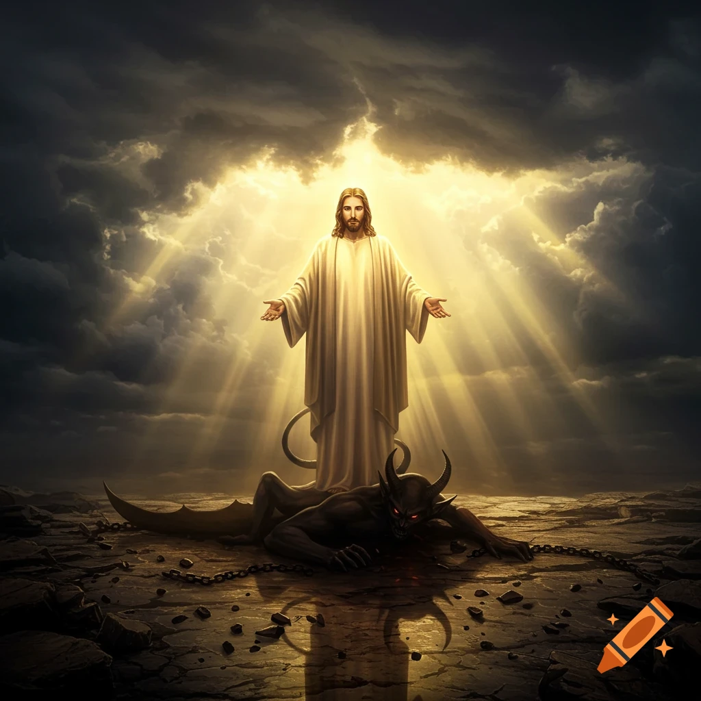 Jesus, bathed in divine light, stands over a defeated, chained devil in a barren landscape under dramatic clouds. Digital painting.