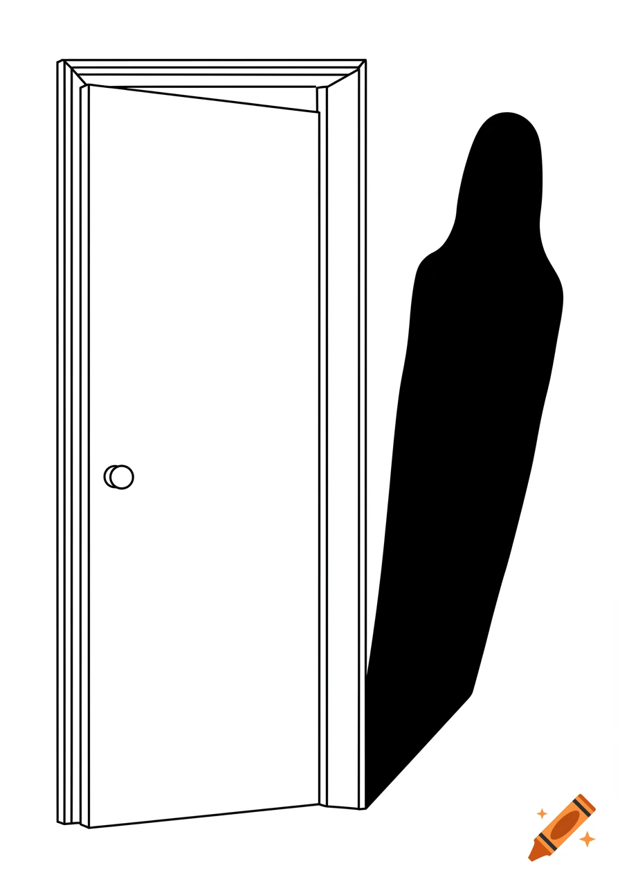 Black and white line art of a slightly open door with a tall, human-like shadow leaning inward from behind it.