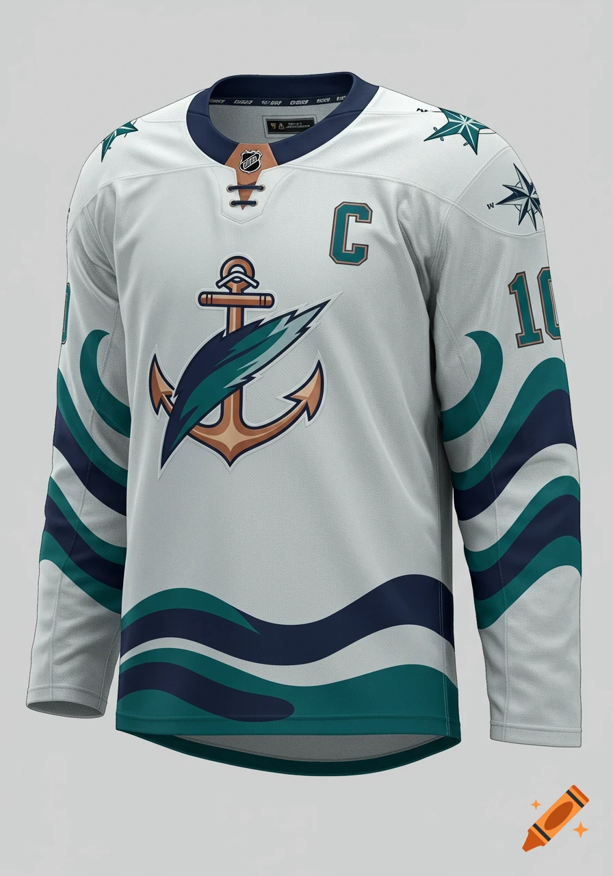 A photorealistic white hockey jersey with teal and navy wave-like stripes on the sleeves and bottom, a copper anchor logo on the chest, a captain's 'C', and the number '10' on the sleeve.