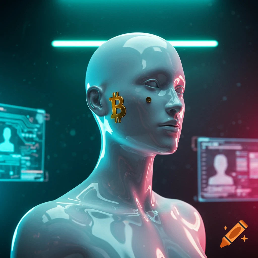 A glossy mannequin head with a Bitcoin symbol on its cheek, in a dark, neon-lit, futuristic setting.