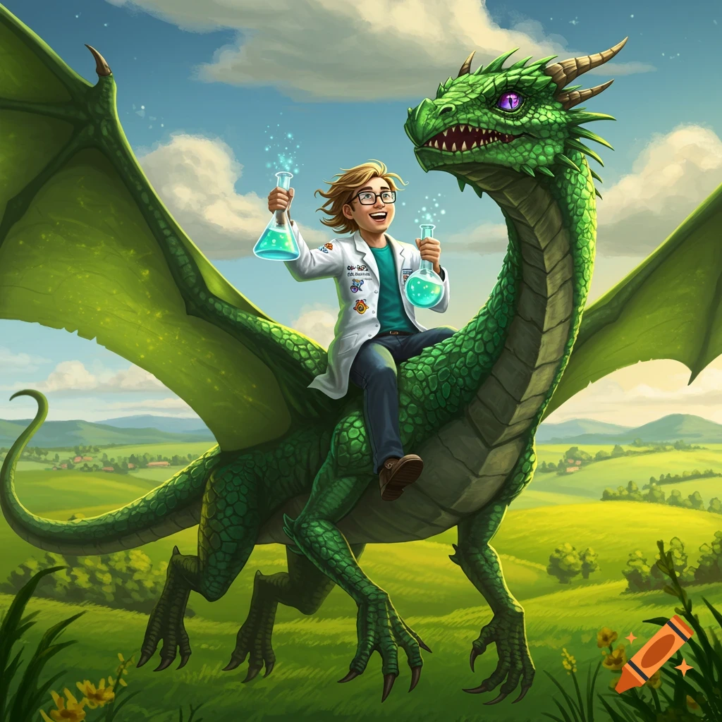 A cheerful person in a lab coat and glasses rides a green dragon while holding two bubbling beakers, over a green landscape.