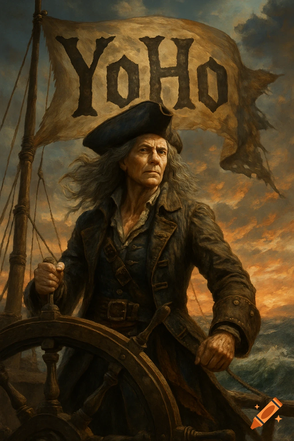 A rugged pirate at a ship's helm, with a 'YoHo' banner, set against a stormy sea and dramatic sky in a painterly style.