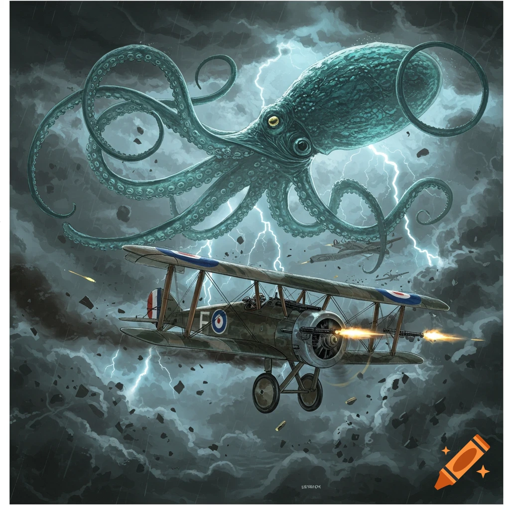 A WWI biplane with guns blazing battles a giant flying octopus in a stormy, lightning-filled sky, in a comic book style.