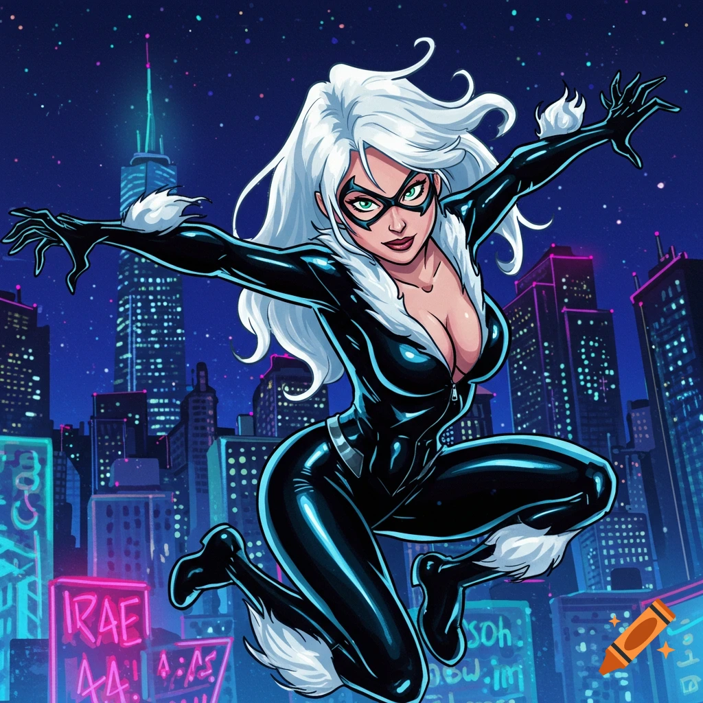 Cartoon drawing of Black Cat from Spider-Man, a woman with white hair in a black suit with fur trim, leaping against a nighttime cityscape.