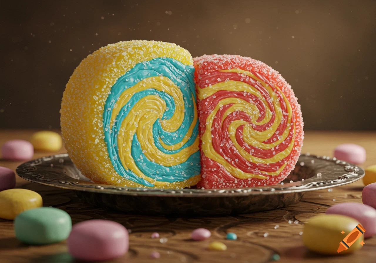 Two large, sugary, swirl candies, one yellow and blue, one red and yellow, on a metal plate surrounded by small candies, in a photorealistic style.