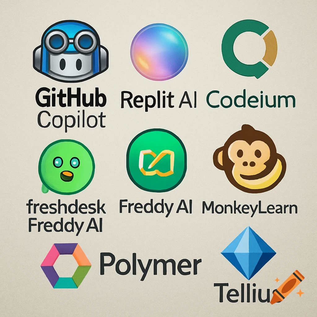 A grid of eight technology company logos and their names, including GitHub Copilot, Replit AI, Codeium, Freshdesk Freddy AI, Polymer, MonkeyLearn, and Tellius.