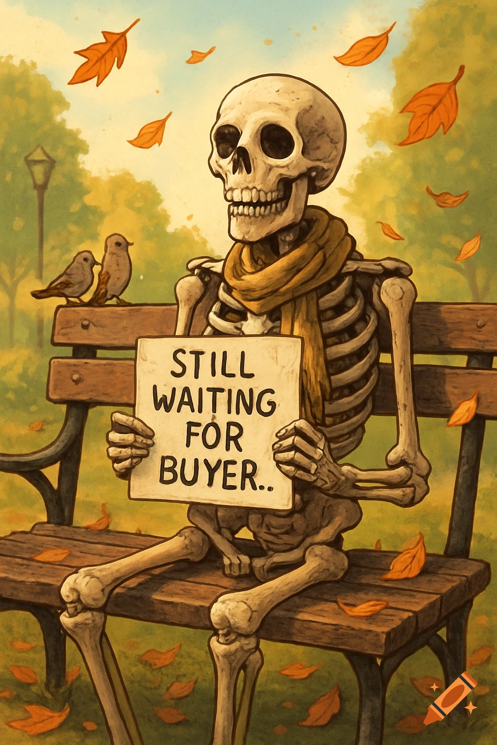 Cartoon skeleton in a scarf sits on a park bench with a 'STILL WAITING FOR BUYER..' sign, surrounded by autumn leaves. Two birds perch nearby.