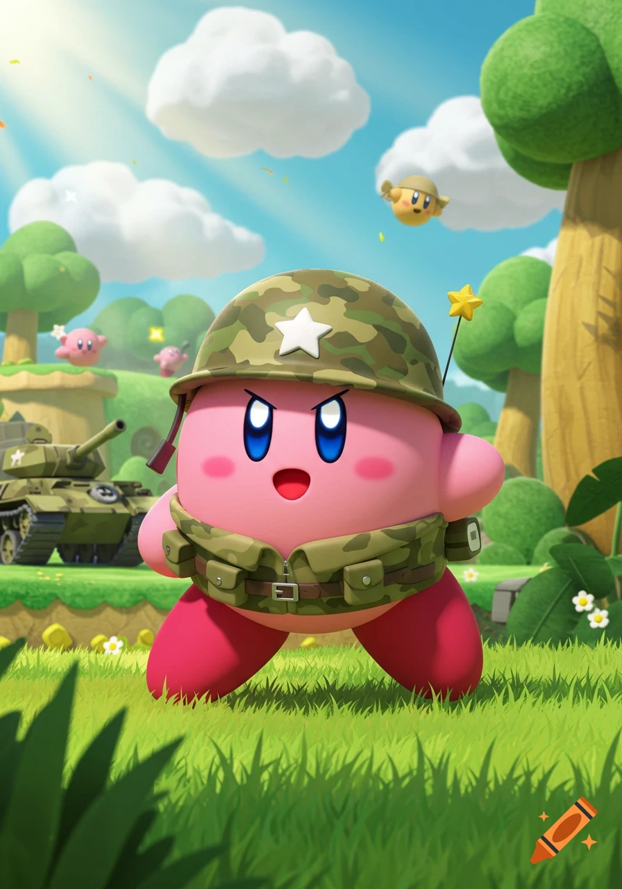 Kirby in a camouflage army helmet and vest stands on a grassy field with tanks, trees, and clouds under a bright sky, rendered in vibrant 3D.