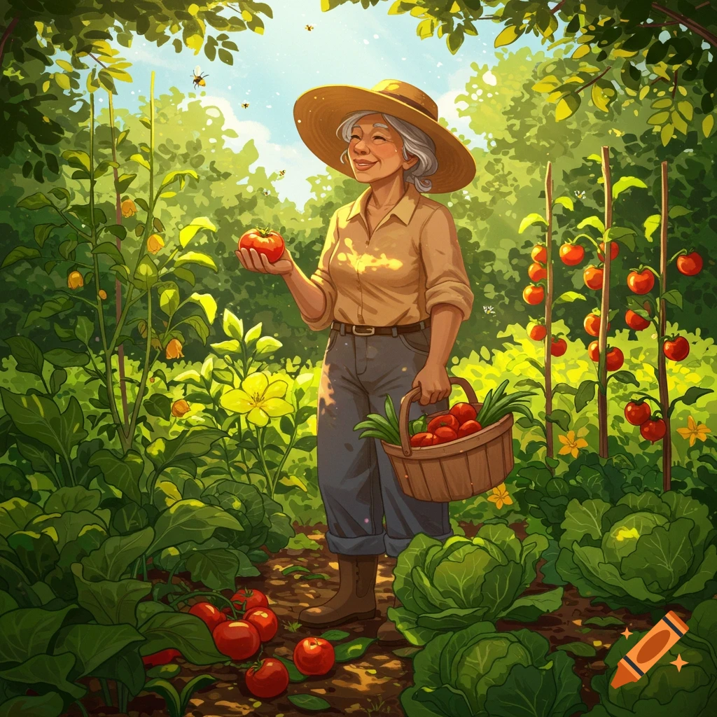 Smiling woman in a straw hat harvesting tomatoes in a sunny vegetable garden, holding a basket of fresh produce.