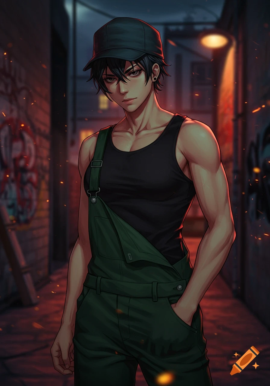 An anime character wearing a black tank top, dark green overalls, and a dark cap stands in a dark alley with graffiti and sparks.