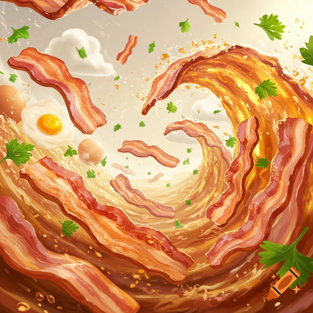Crispy bacon, fried egg, and parsley swirl in a golden wave, a vibrant illustration.
