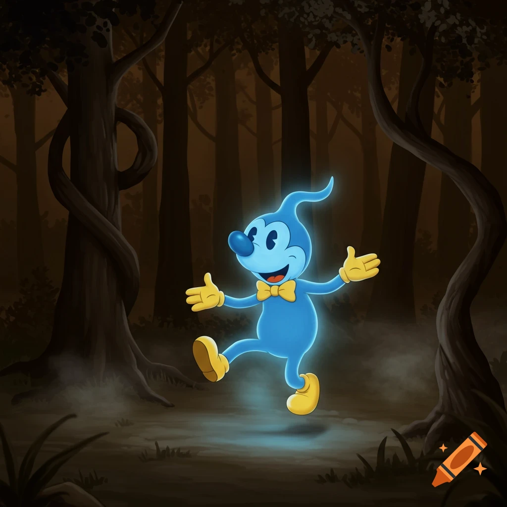 A happy blue rubberhose cartoon ghost with yellow gloves, bowtie, and shoes floats in a dark, misty forest.