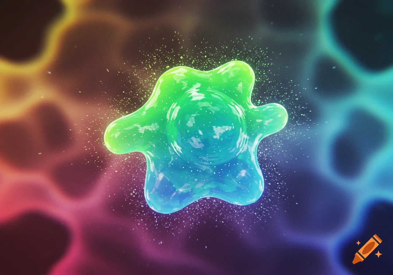 A vibrant, glowing, multi-colored amoeba-like blob floats in an abstract background, surrounded by radiating particles.