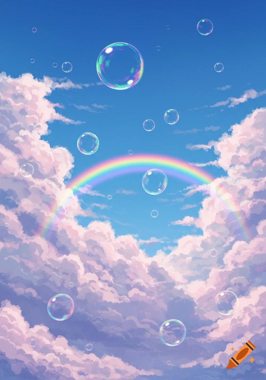 A vibrant blue sky filled with fluffy pink and purple clouds, a colorful rainbow, and numerous iridescent bubbles floating gracefully.