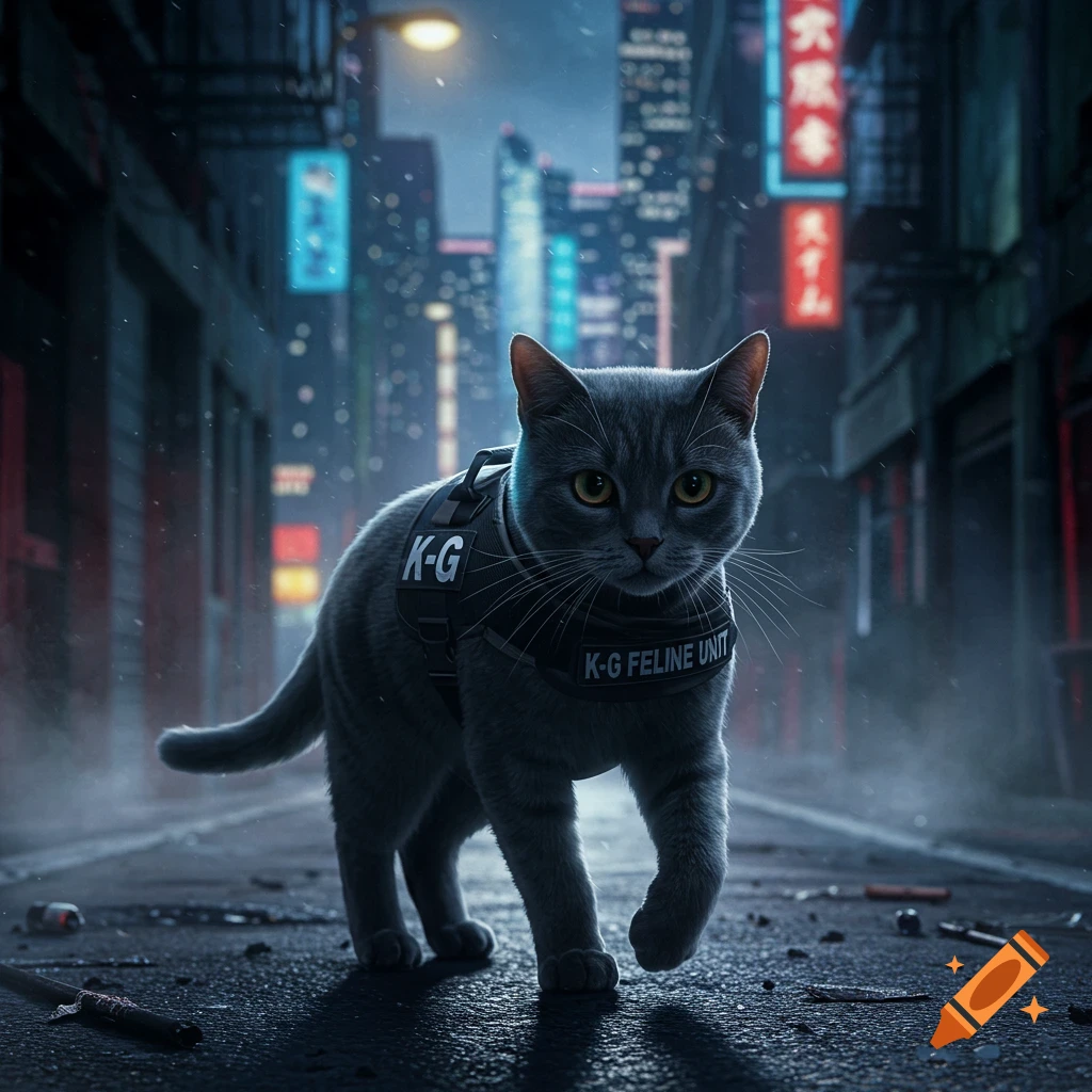 A gray cat wearing a black K-G Feline Unit vest walks down a wet, neon-lit cyberpunk city street at night.
