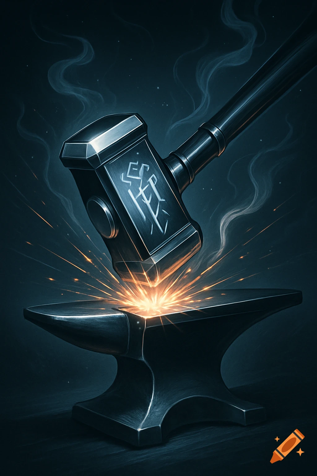 A stylized hammer striking an anvil, creating a burst of golden sparks in a dark, smoky environment.