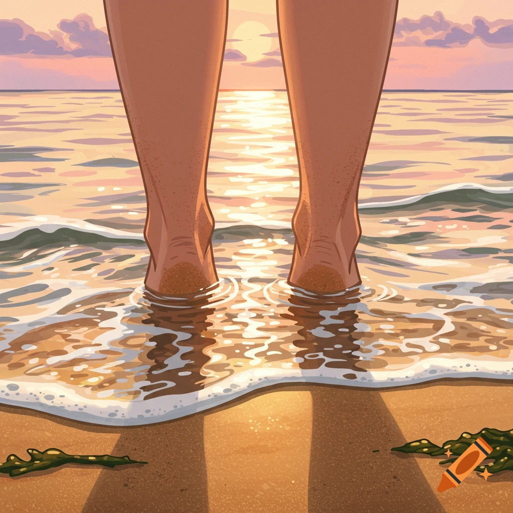Bare legs and feet stand in shallow ocean water on a beach during sunset, illustrated in warm tones.