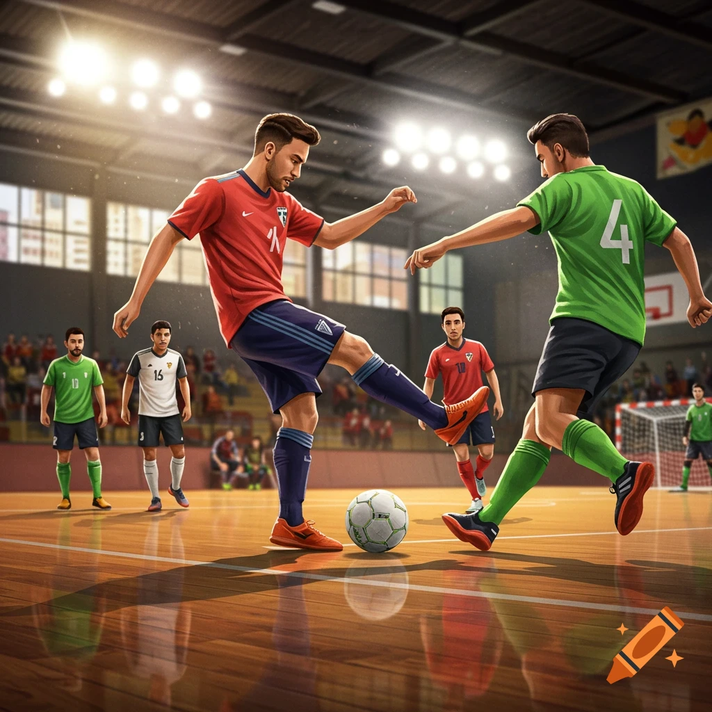 Two futsal players in red and green jerseys battle for the ball on a brightly lit indoor court, with other players in the background.