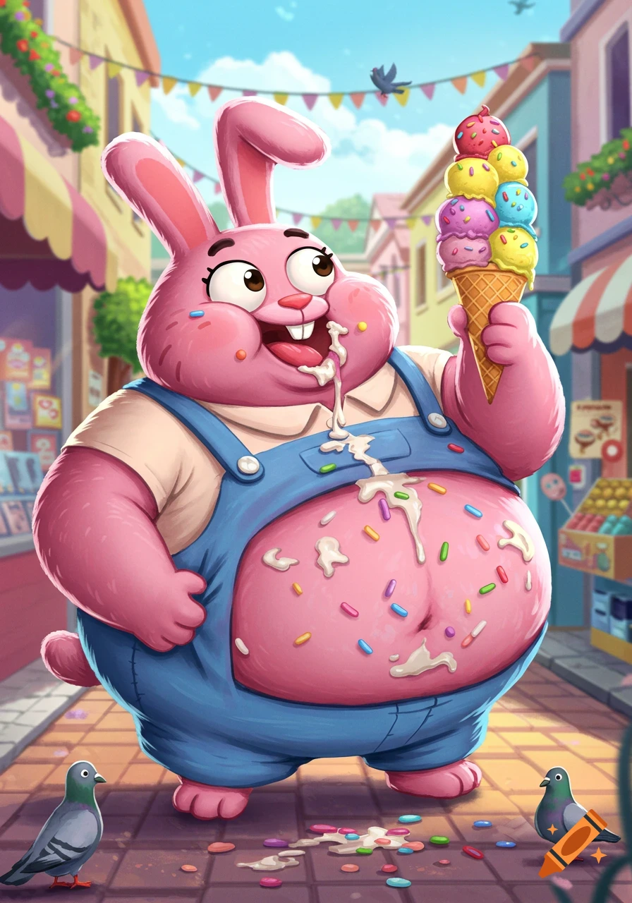 A fat pink cartoon rabbit in overalls messily eats a large, colorful melting ice cream cone on a vibrant street.