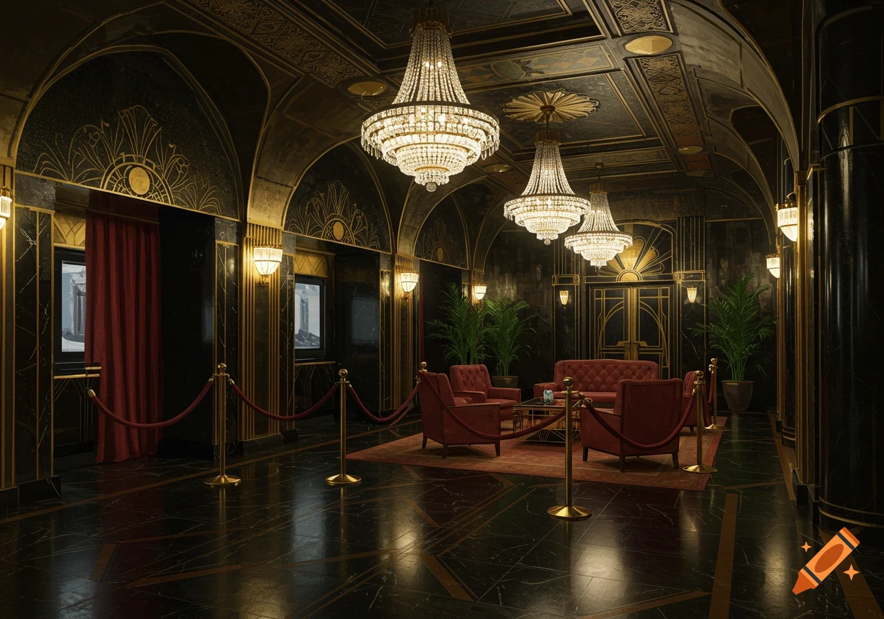 An opulent art deco lobby featuring large crystal chandeliers, dark marble with gold accents, and red velvet seating areas.