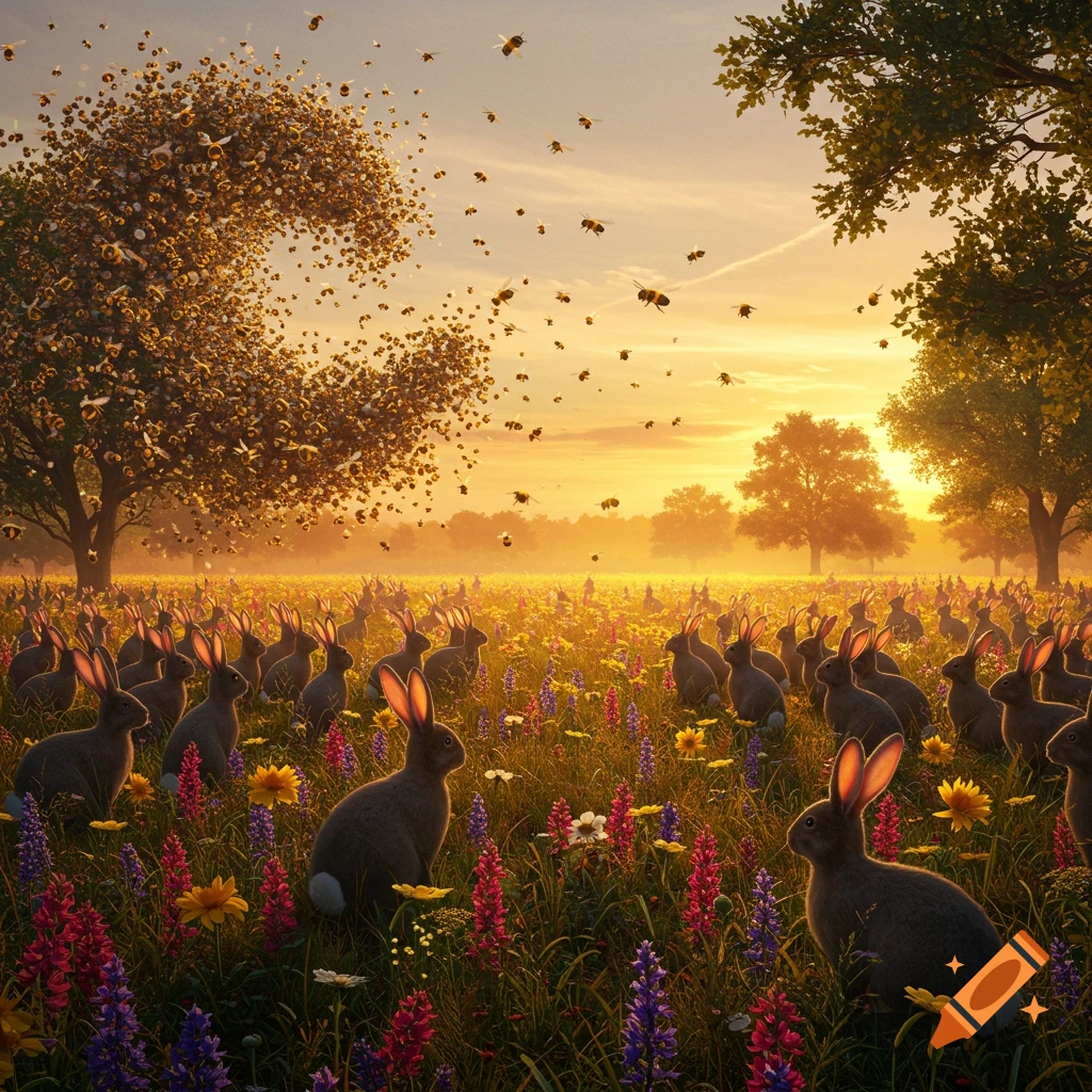Hundreds of rabbits in a field of colorful wildflowers at sunset, with a large swarm of bees around a tree.