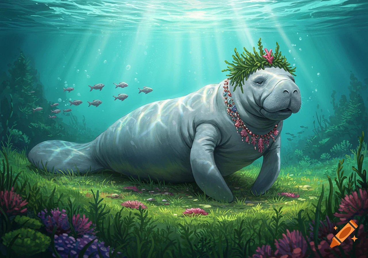 An illustrated manatee wearing a leafy wreath and a pink seashell necklace rests on a green seabed, with fish swimming above in clear blue water.