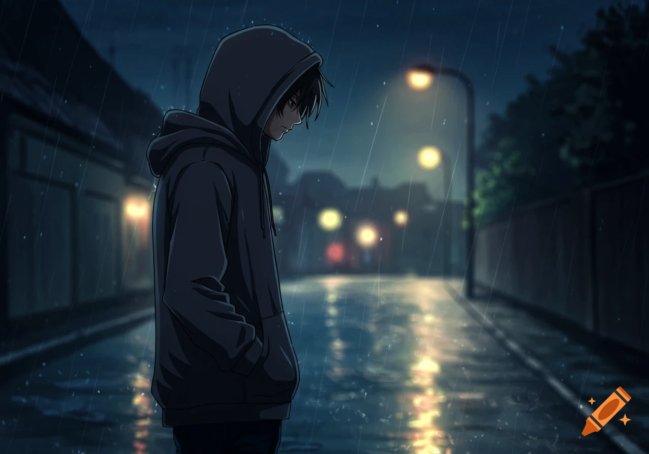 Anime-style drawing of a sad person in a dark hoodie standing in the rain on a street lit by streetlights.