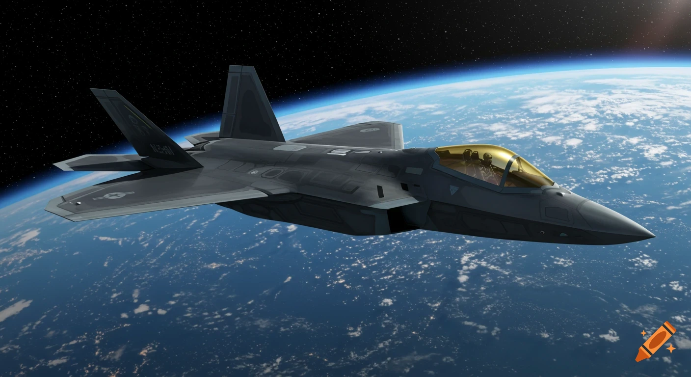 A sleek, matte black futuristic stealth fighter jet with a gold-tinted canopy flying above Earth against a starry black sky.