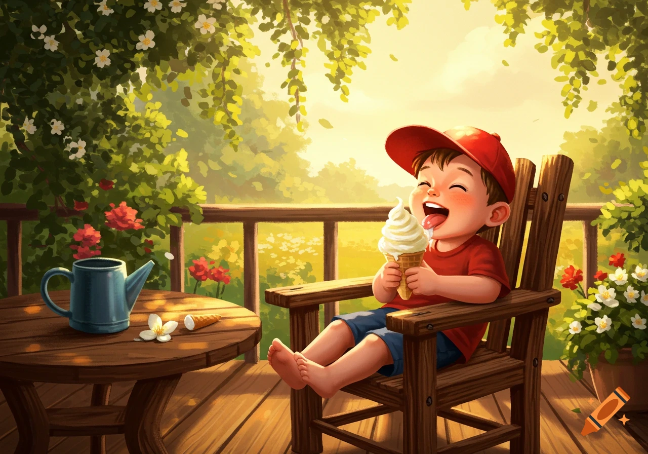 A happy cartoon boy in a red hat sits on a wooden chair on a sunny balcony, licking a melting ice cream cone.