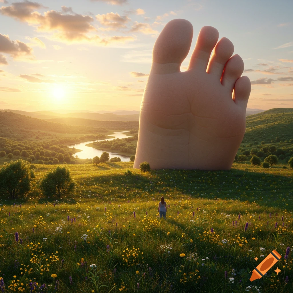 A colossal human foot stands in a vibrant, sunlit field of wildflowers with a winding river and hills under a sunset sky.