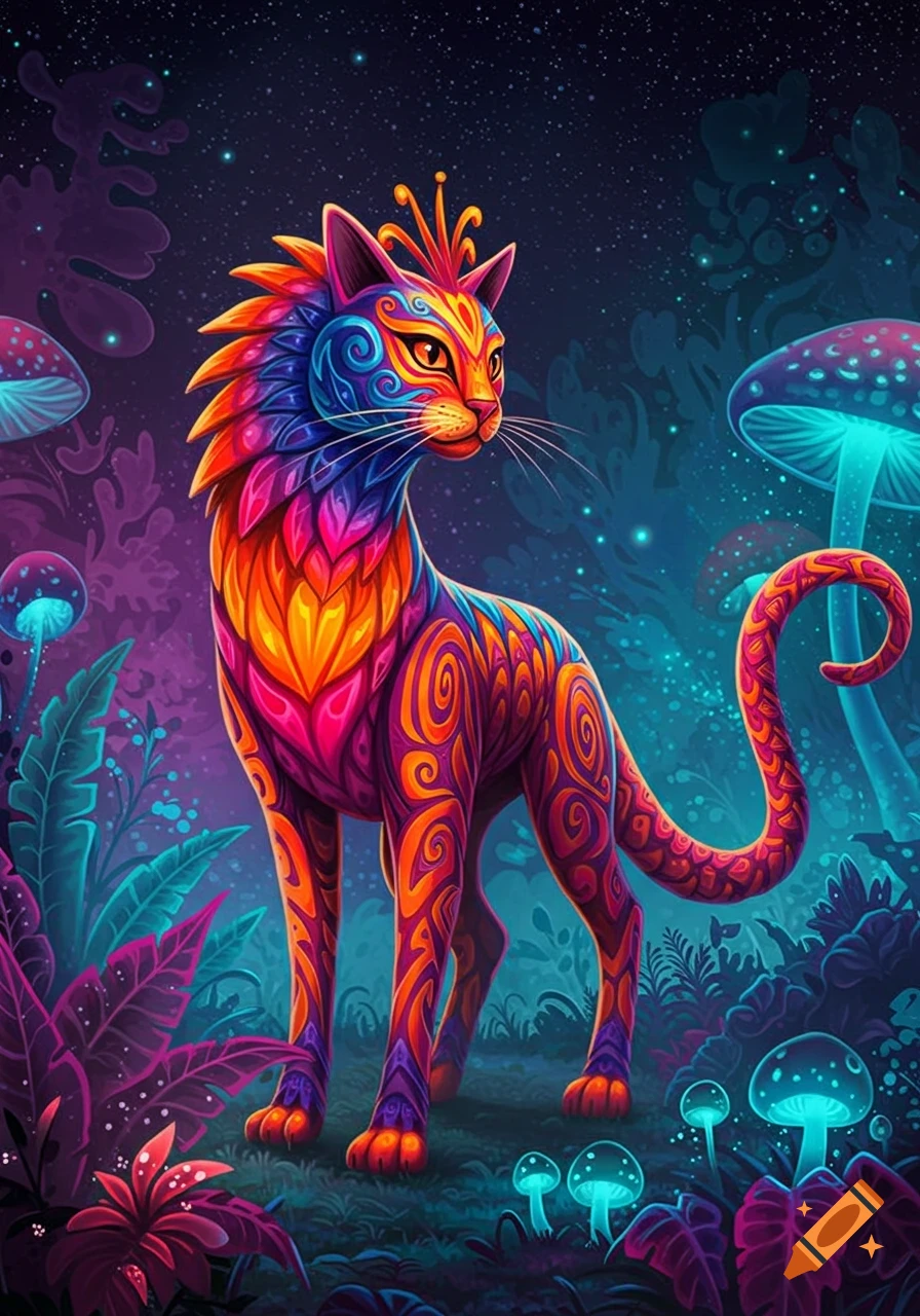 A vibrant, colorful alebrije-style cat creature with intricate patterns stands in a glowing fantastical forest at night.