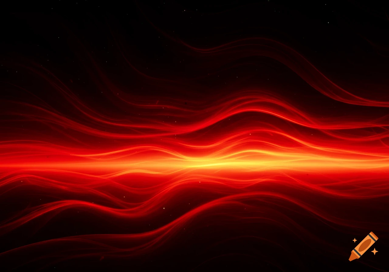 Abstract waves of red and orange light flowing across a dark, starry background.