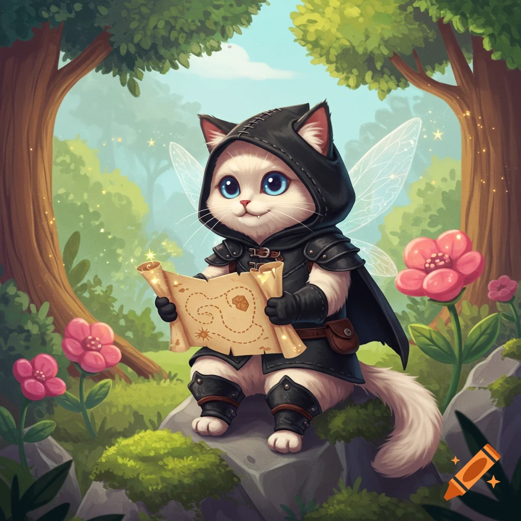 A cute white cat with big blue eyes, dressed as a fantasy rogue with black leather armor and fairy wings, sits on a rock in a forest clearing, looking at a treasure map.