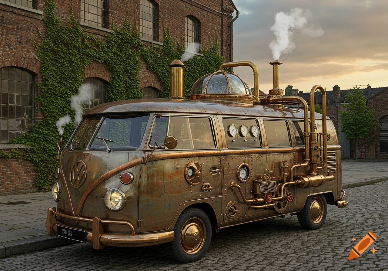 Photorealistic steampunk VW van made of rusted metal and brass, with pipes, gauges, and a glass dome, on a cobblestone street.