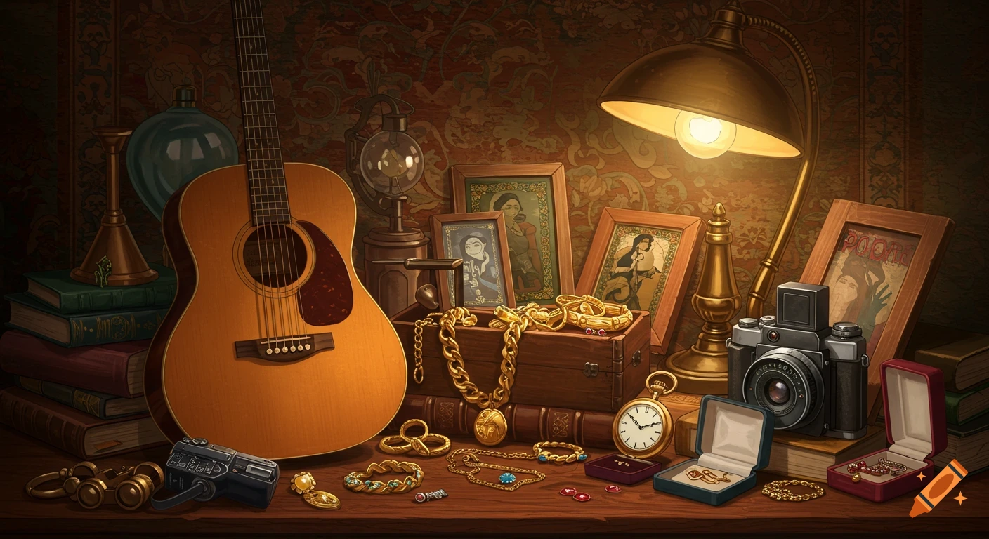 A close-up still life of vintage items on a wooden table, including a guitar, a camera, jewelry, books, and framed pictures, lit by a desk lamp.
