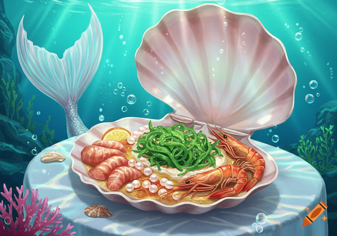 A vibrant illustration of a mermaid's tail next to a large open seashell platter filled with prawns, seaweed salad, and pearls, set on a table underwater.
