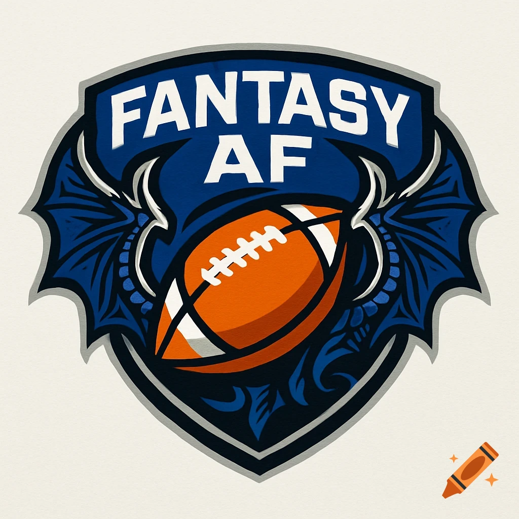 A fantasy football league logo featuring a shield with dragon wings, a football, and the text 'FANTASY AF' in blue, orange, and white.