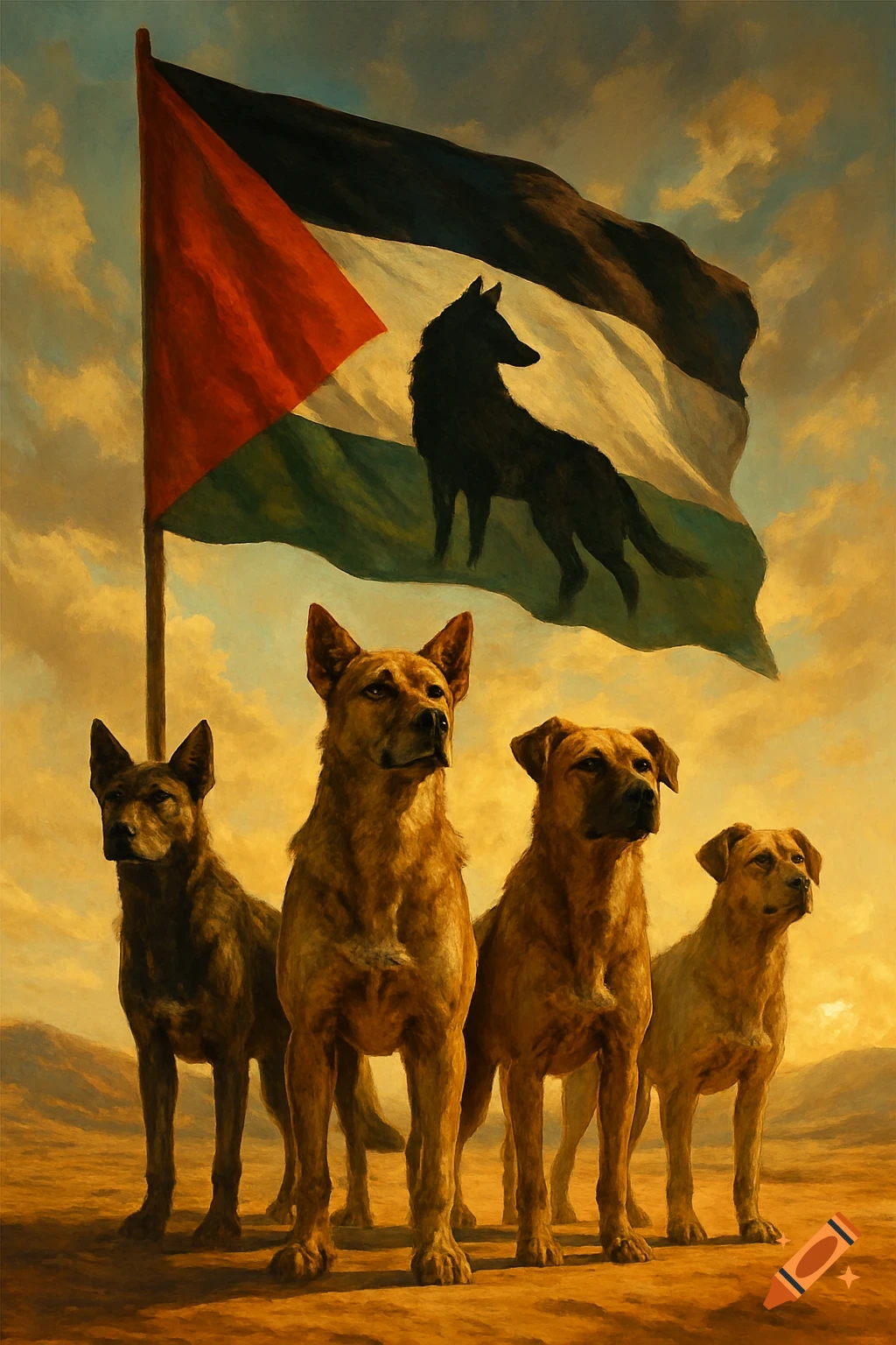 Four dogs in a desert with a Palestinian flag and black wolf silhouette under a golden sky, painterly.