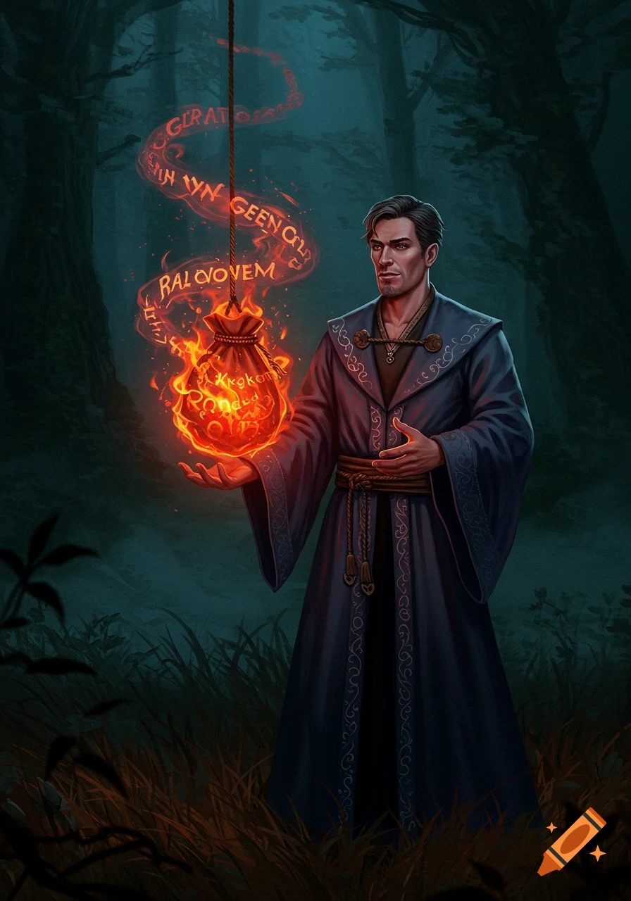 A male wizard in a dark forest holds a flaming bag inscribed with glowing, swirling runes, as more runes float above it.