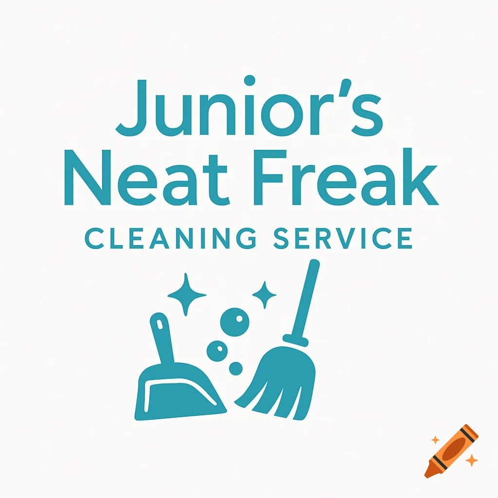A blue and white logo for Junior's Neat Freak Cleaning Service, featuring a dustpan, broom, and bubbles.