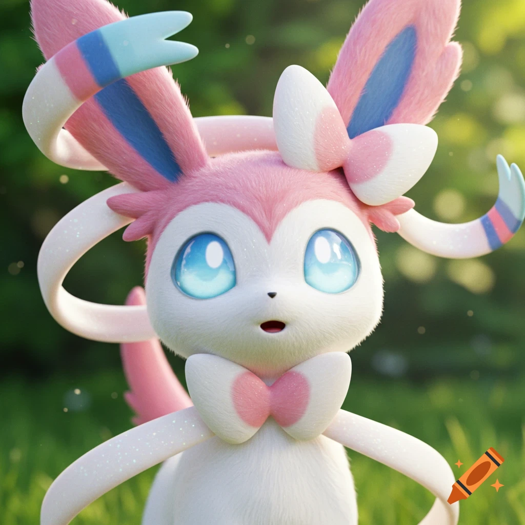 Photorealistic close-up of a pink and white Sylveon Pok amon with big blue eyes in a green outdoor setting.
