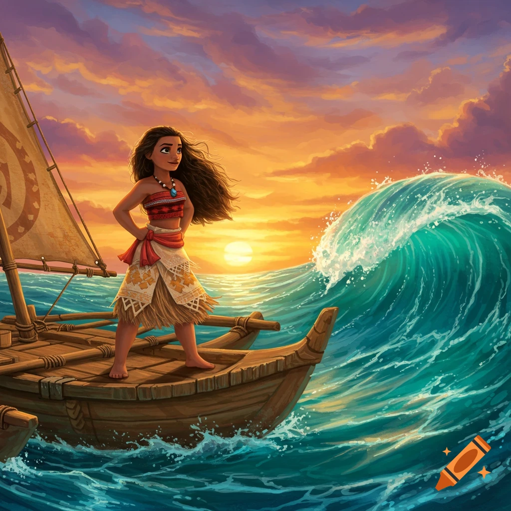 Animated Moana stands on a small boat as a large wave crests beside her at sunset.