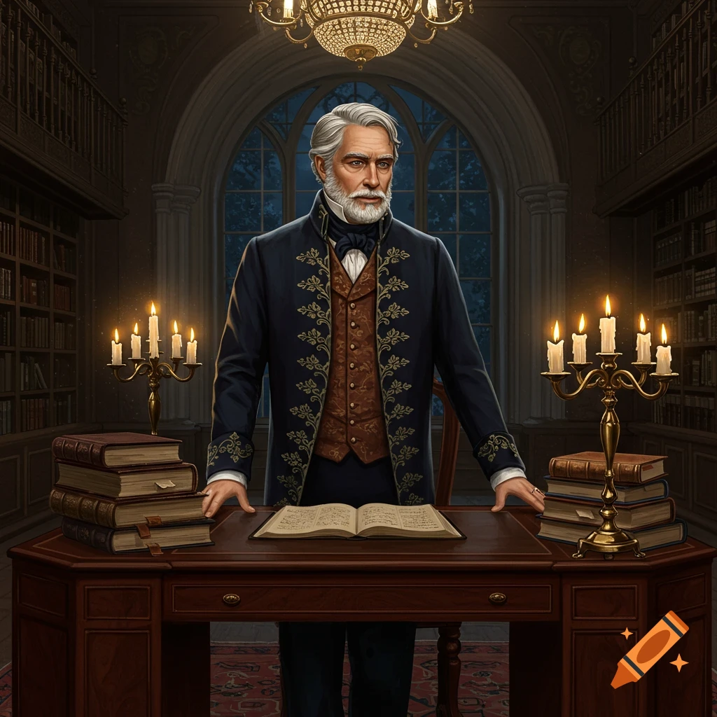 A distinguished older man with white hair and beard stands at a wooden desk in a grand, dimly lit library, an open book before him.