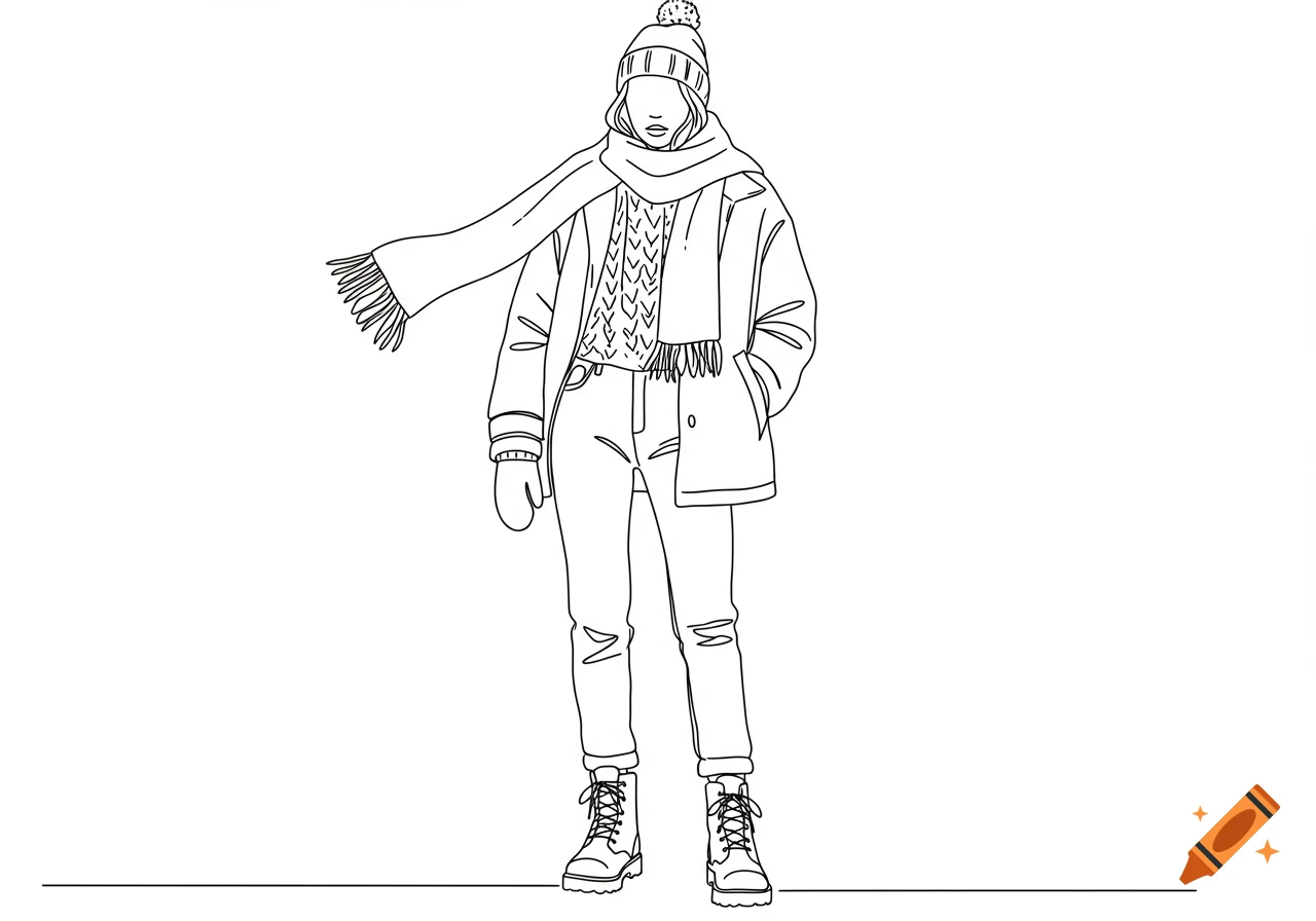 A line art illustration of a woman wearing a beanie, scarf, jacket, jeans, and boots.