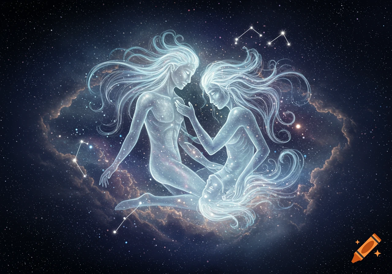Two glowing, ethereal figures resembling the Gemini constellation float among stars and nebula in a mystical space setting.