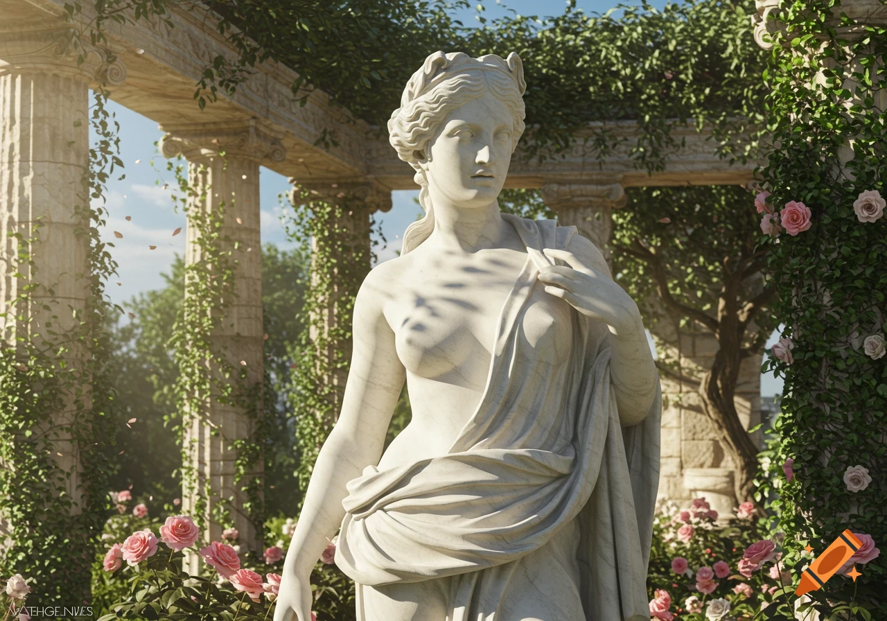 A photorealistic white marble statue of a draped female figure resembling Aphrodite in a sunny, overgrown garden with ivy-covered columns and pink roses.