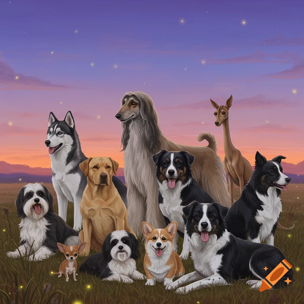 A pack of diverse dog breeds, including a husky, Labrador, Afghan Hound, Border Collies, Corgi, Shih Tzu-like, Chihuahua, and a sighthound-like dog, in a grassy field at sunset under a star-dusted sky.