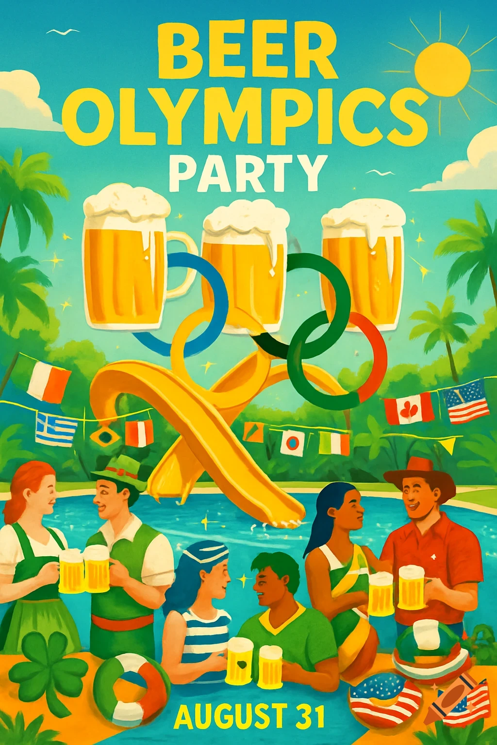 A colorful illustrated poster for a Beer Olympics Party on August 31, featuring people, beer mugs, Olympic rings, a pool, and international flags.