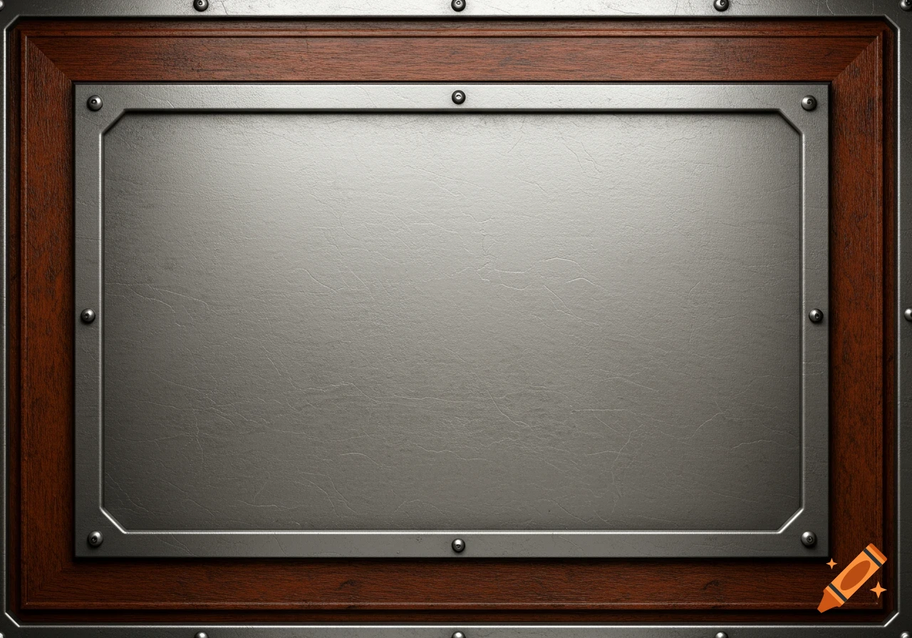 A textured silver metal panel with beveled corners, framed by dark wood and secured with rivets.