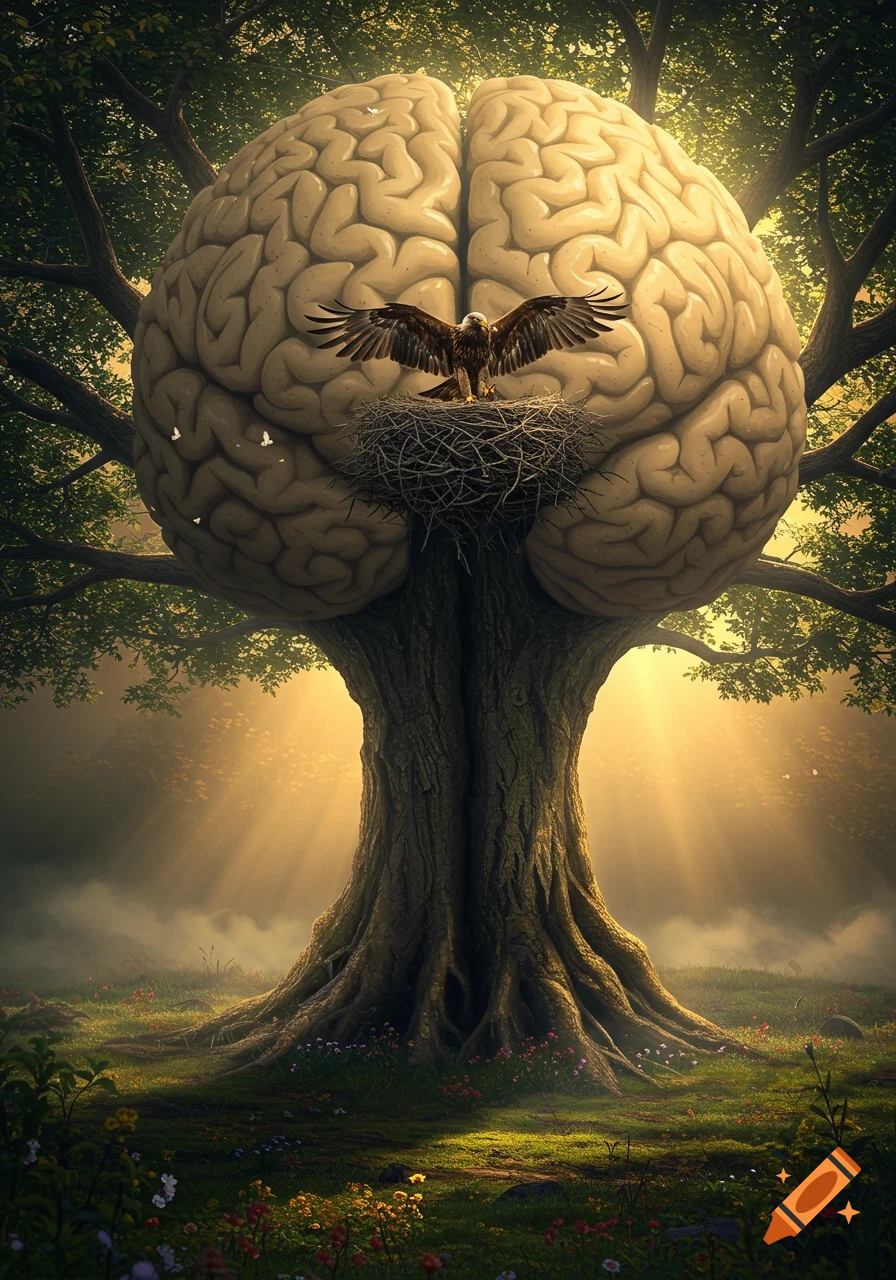A large tree with a human brain as its crown, an eagle in a nest on the brain, bathed in sunlight in a mystical forest.